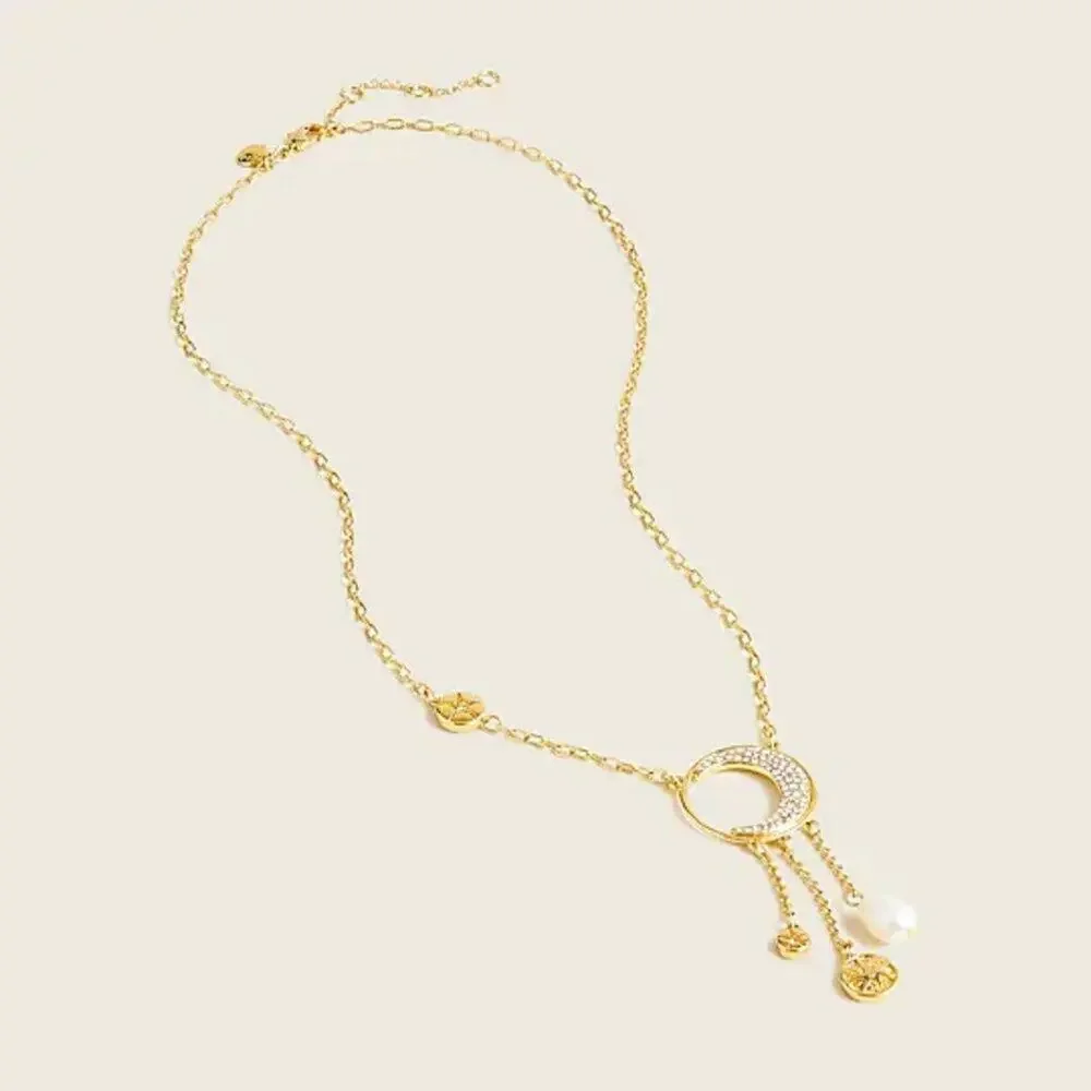 J. Crew - Long charm crescent moon gold pearl gold bohemian necklace